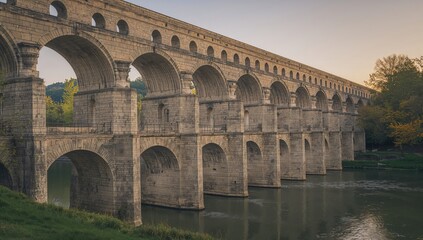 Fototapeta premium The Pont du Gard, ancient Roman aqueduct showcasing impressive engineering, historical significance