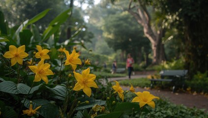 Yellow Flowers in Full Bloom within a Garden Setting, Seasonal Change