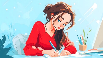 Vector illustration of a woman writing at a desk with pencils and paper against a light blue backdrop, ideal for educational or productivity app promotions.