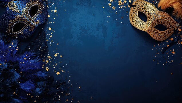 Carnival venetian mask adorned with golden stars confetti set against a dark blue backdrop, suitable for festive designs, Purim party template