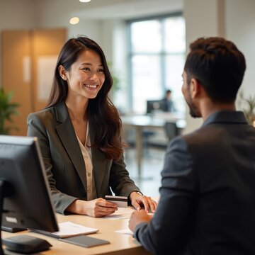 Friendly bank teller smiles assisting customer with credit card. They talk at counter in modern office. People conduct business, financial service at bank branch.