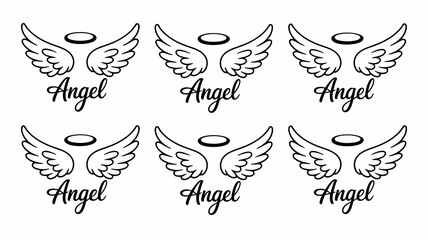Outline drawing of elegant angel wings with a halo and script 'angel' text, perfect for spiritual, remembrance, and heavenly design elements and creative projects