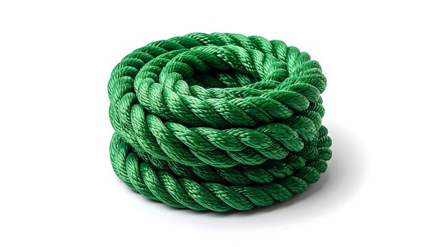 Coiled green synthetic rope with twisted strands on white background