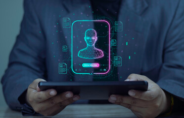 Businessman uses AI for an online interview. HR technology hologram on a tablet for virtual recruitment and screening a candidate.