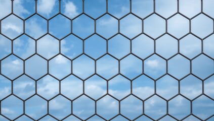 Naklejka premium Hexagonal wire mesh against a blue sky, showing signs of wear and tear