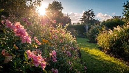Obraz premium Morning sunlight illuminating a colorful flower garden, seasonal change