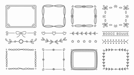 Hand drawn doodle frames and borders with various decorative elements and text dividers, perfect for scrapbooking, cards, invites, and notes.