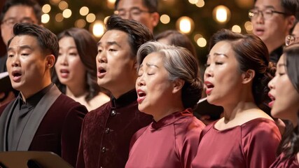 A large choir of diverse Asian descent sings in harmony under warm festive lights, concept for Christmas celebrations, community events and choral performances