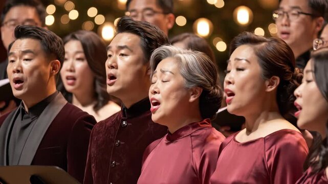 A large choir of diverse Asian descent sings in harmony under warm festive lights, concept for Christmas celebrations, community events and choral performances