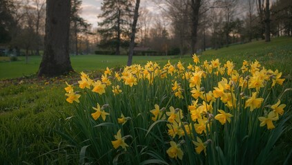 Obraz premium Daffodil fields bloom brightly at the park's perimeter, seasonal change