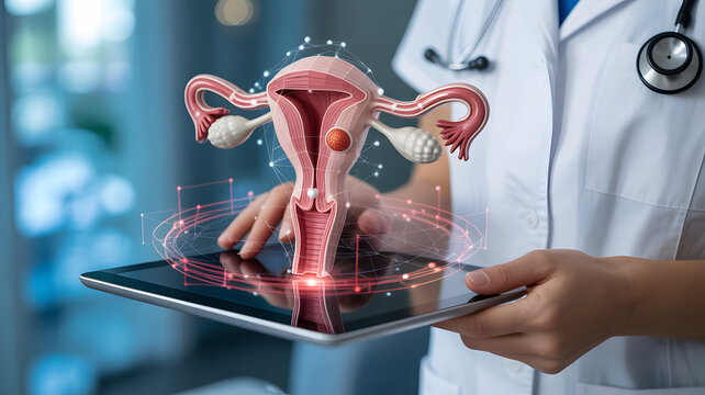 Doctor using a tablet to show the uterus anatomy model with digital interface, for medical education and women's health awareness campaigns, health technology