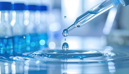 Close up of blue liquid droplet falling from pipette into water creating ripples scientific laboratory experiment or medical research concept bright cool lighting