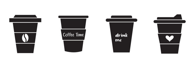 A versatile set of takeaway coffee cup icons, featuring different lid styles, coffee bean logos, and whipped cream toppings. Designed in both outline and filled styles, perfect for cafes, branding.