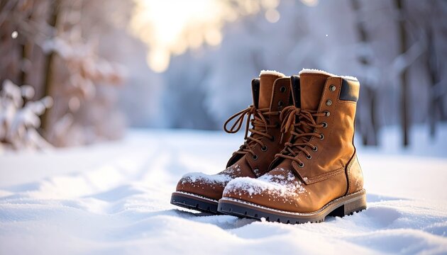 Close up of brown leather winter boots covered in snow resting on a snowy path in a sunlit forest during daytime