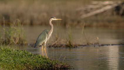 Fototapeta premium A Green Heron perched by a pond, observing its surroundings, wildlife interaction