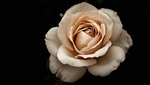 Close-up of a soft sepia rose flower, highlighting the delicate petals and subtle hues, suitable for editorial header background