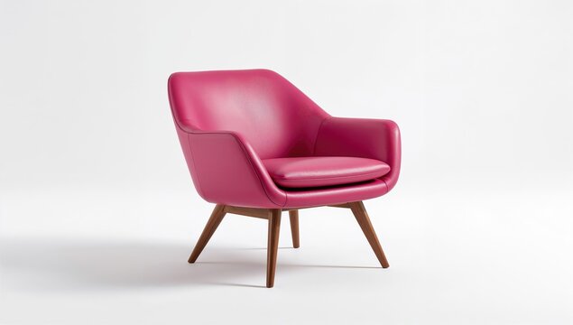 A modern hot pink leather chair with wooden legs on a white background, suitable for interior design applications