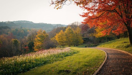 A leisurely stroll in a green park, emphasizing relaxation and nature appreciation
