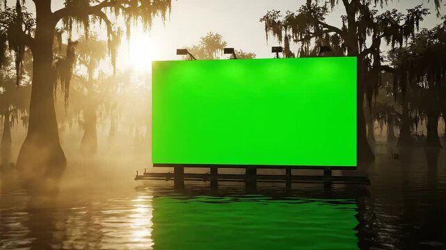 A green billboard in a misty swamp reflecting in the water