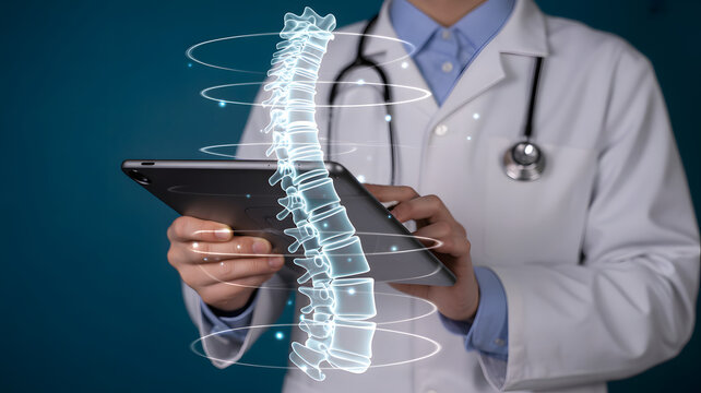 Professional doctor skillfully analyzes spinal health using tablet with 3D visualization offering cutting-edge diagnostics and treatment options