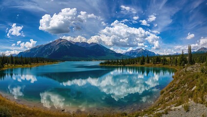 Naklejka premium Scenic view of a lake under a cloudy sky, ideal for travel, nature exploration, and landscape photography
