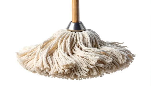 Traditional string mop with white cotton strands and metal clamp on white background