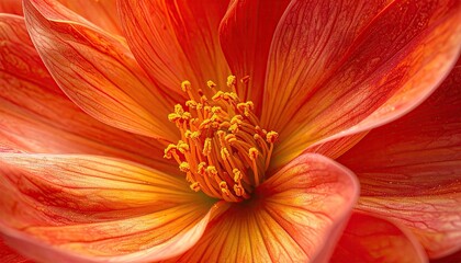Close up macro of a vibrant orange dahlia flower showing intricate petal details and yellow stamen covered in water droplets on a sunny day