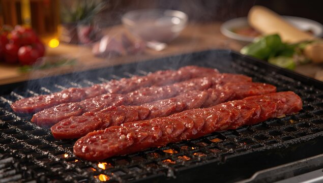 Grilled slices of smoky spekacek sausage, perfect for summer BBQs