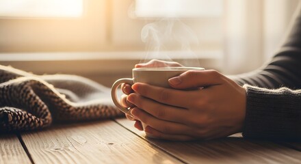 Person holding a steaming mug near a window with a blanket on a wooden table in soft morning light