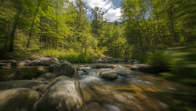 Blurred forest scene with rocks and water, abstract natural texture of summer trees and grass - Powered by Adobe
