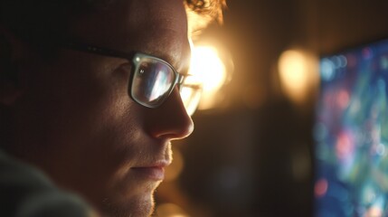 In a dimly lit room, a man focuses intently on a computer screen filled with colorful animations. The man is absorbed in the vibrant visuals, enhancing his online experience.