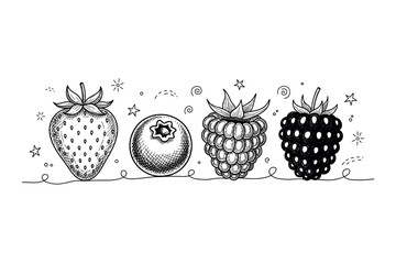 Hand-drawn berries: strawberry, blueberry, raspberry, blackberry sketch art