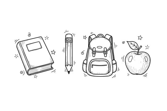 Back-to-school essentials: book, pencil, backpack, and apple sketch