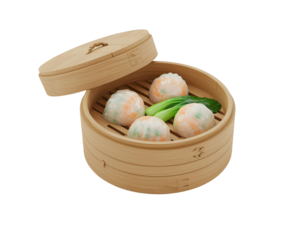Bamboo Steamer Basket with Shrimp Dumplings and Bok Choy dim sum chinese food isolated on a transparent background