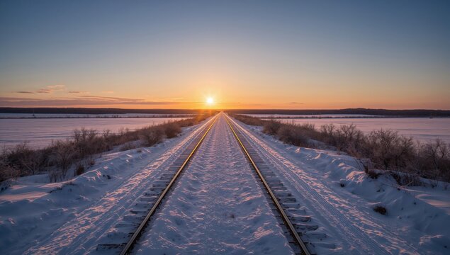Winter sunset illuminating snow-covered railway tracks, seasonal change