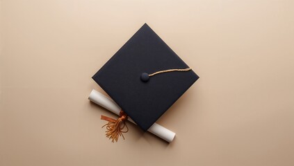 Mortarboard and diploma displayed against a plain backdrop, symbolizing academic achievement and the pursuit of knowledge
