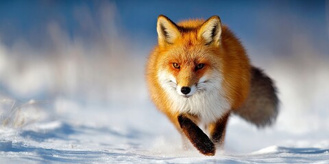 Fototapeta premium Red fox running through snowy landscape in winter, showcasing its vibrant fur and alert expression in natural habitat under clear blue sky