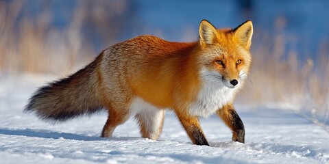 Fototapeta premium Red fox running through snowy landscape in winter, showcasing its vibrant fur and alert expression in natural habitat under clear blue sky