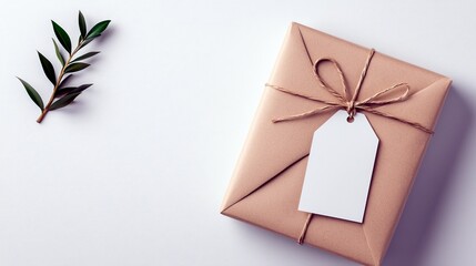 A gift-wrapped present with a blank tag sits next to a sprig of green leaves on a white surface.
