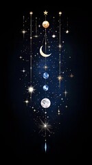 A vertical celestial mobile featuring a crescent moon, full moon, and planets, adorned with sparkling stars and golden strings against a deep blue, star-filled