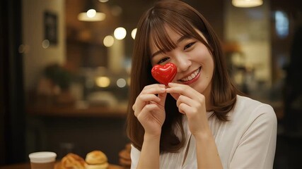 カフェで赤いハート型のチョコレートを顔の横に掲げ、笑顔を見せる若い女性