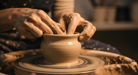 Close up of hands shaping clay on a pottery wheel creating a small pot in a workshop studio space