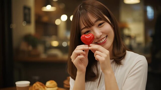 カフェで赤いハート型のチョコレートを顔の横に掲げ、笑顔を見せる若い女性