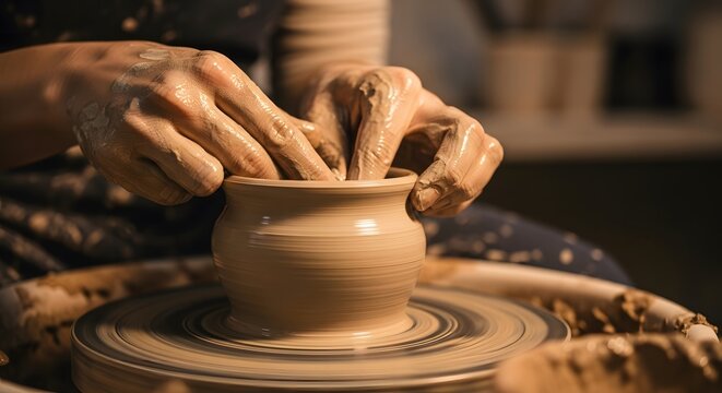 Close up of hands shaping clay on a pottery wheel creating a small pot in a workshop studio space