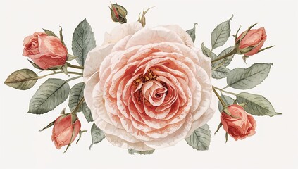 Watercolor botanical depiction of a rose, suitable for wedding invitations or greeting card design