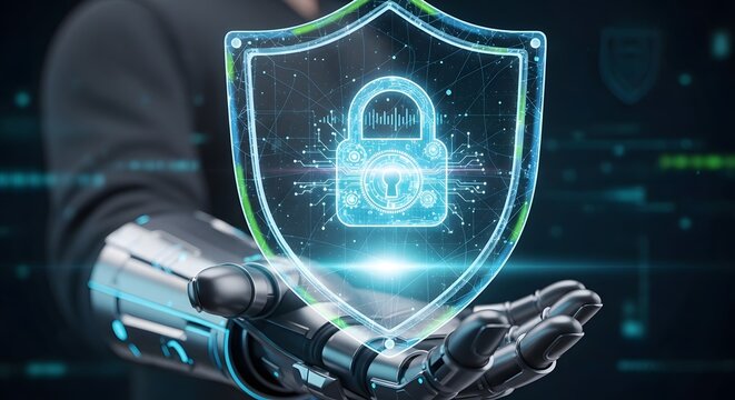 A robotic hand holding a digital shield with a padlock representing cyber security and data protection