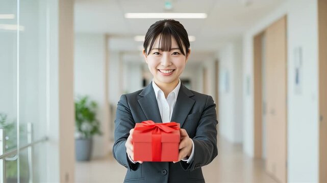 オフィスの廊下で赤いギフトを差し出す、ビジネススーツの女性