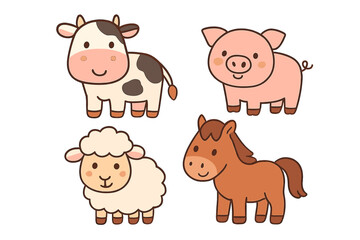 Cute cartoon farm animal set featuring a cow, pig, sheep, and horse characters