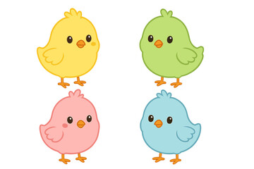 Four adorable colorful baby chicks standing together for Easter and spring