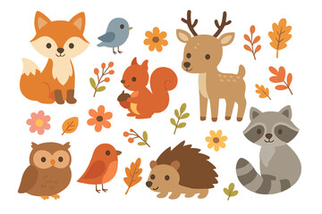 Naklejka premium Adorable woodland animals set featuring fox deer raccoon squirrel hedgehog owl and birds